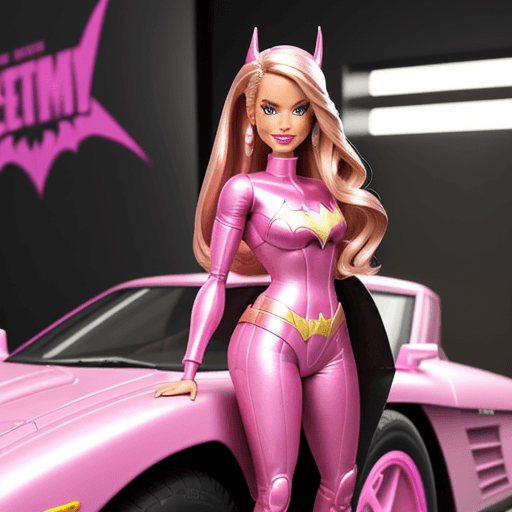 AI generated: A BARBIE IN A PINK METALLIC BATGIRL SUIT STANDING NEXT TO A PINK BATMOBILE