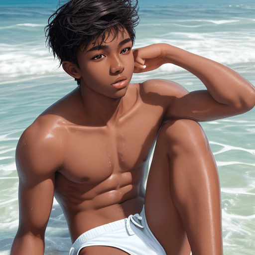AI generated: handsome filipion boy 19 years old close-up portrait ribcagel.on the beach, shirtless,white swiming ...