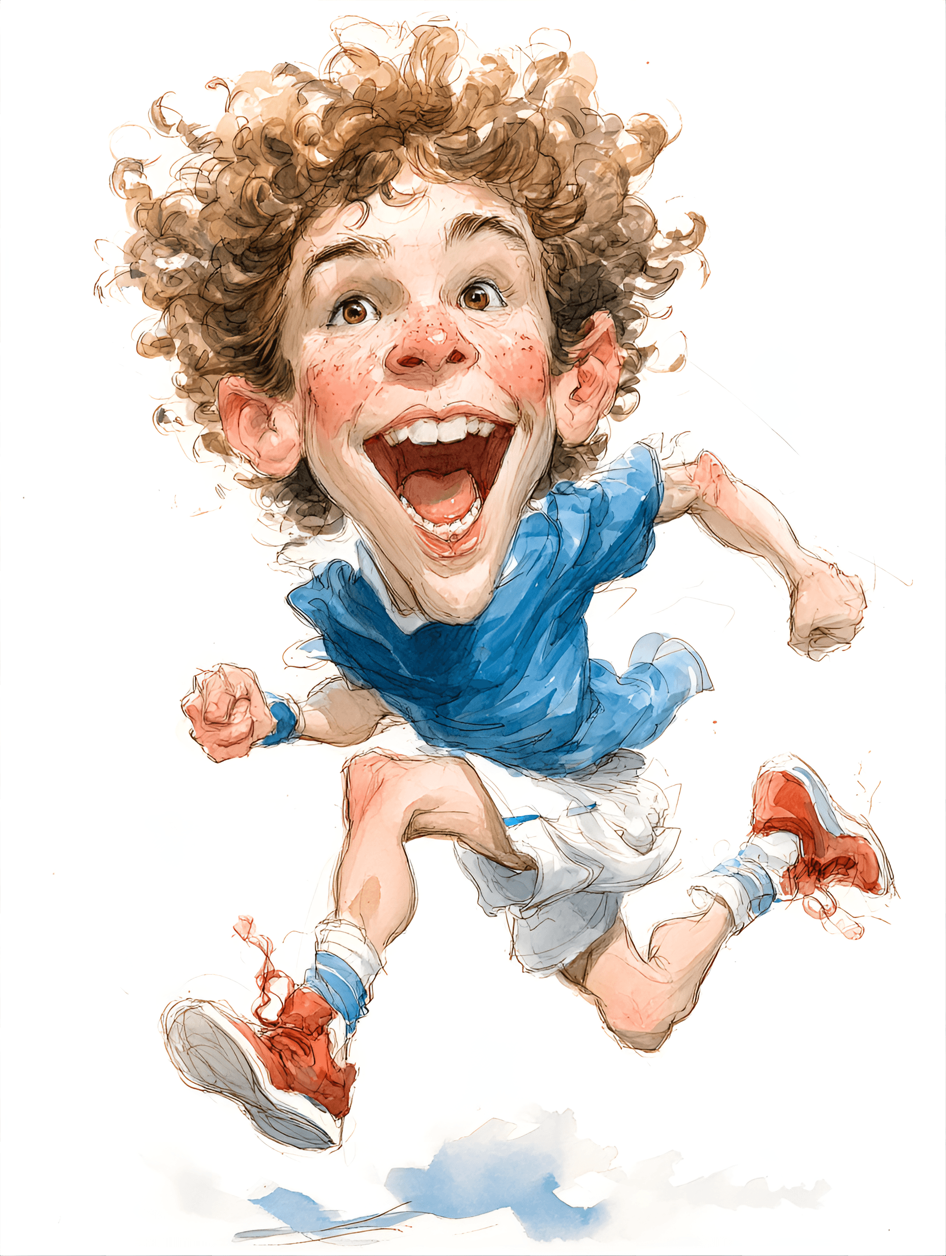 AI generated: funny caricature, energetic boy caricature, juvenile cheerful male, 7 years old, curly hair, freckle...
