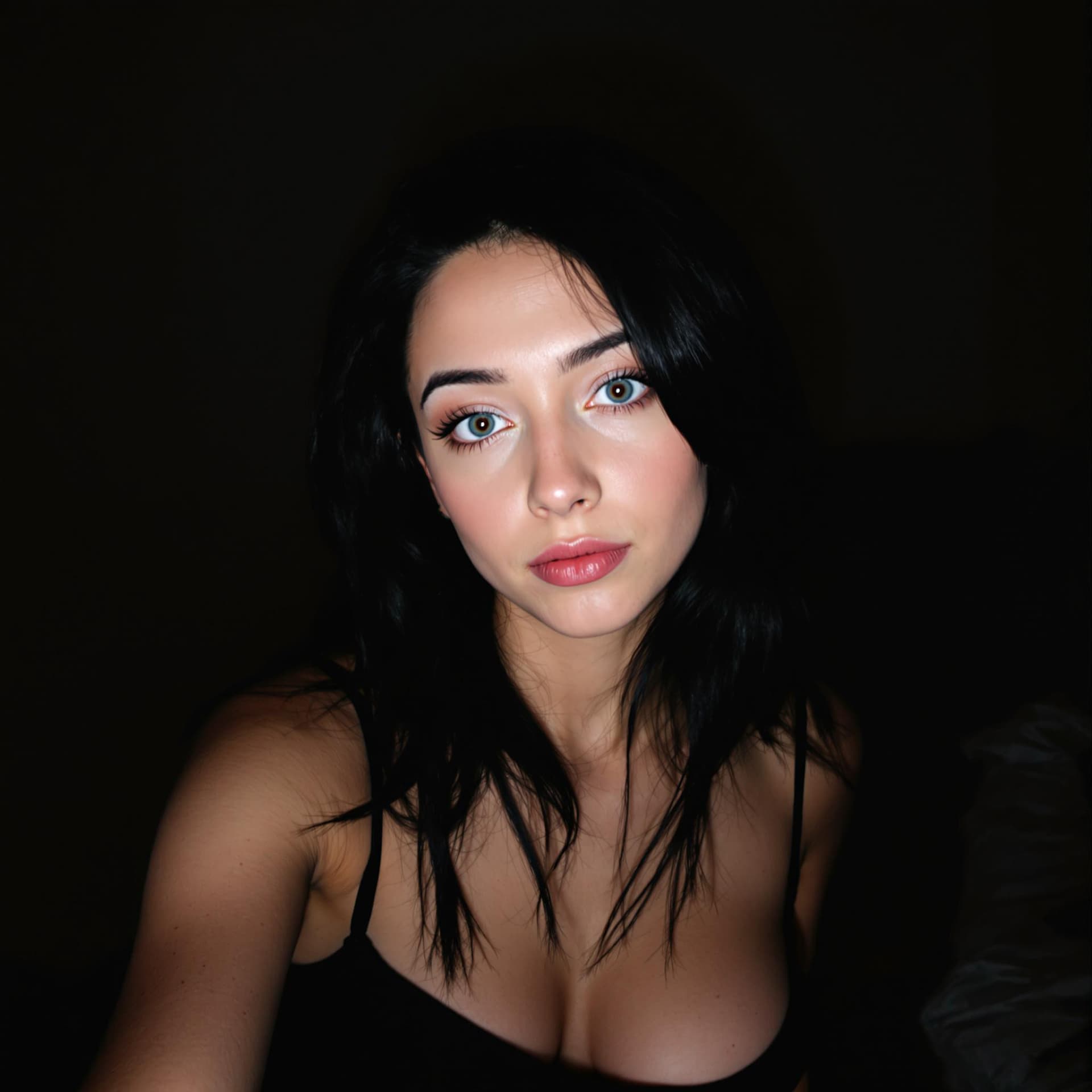 AI generated: 18-year-old woman, black hair, light blue eyes, tanned white skin, thin body, wearing black clothes ...