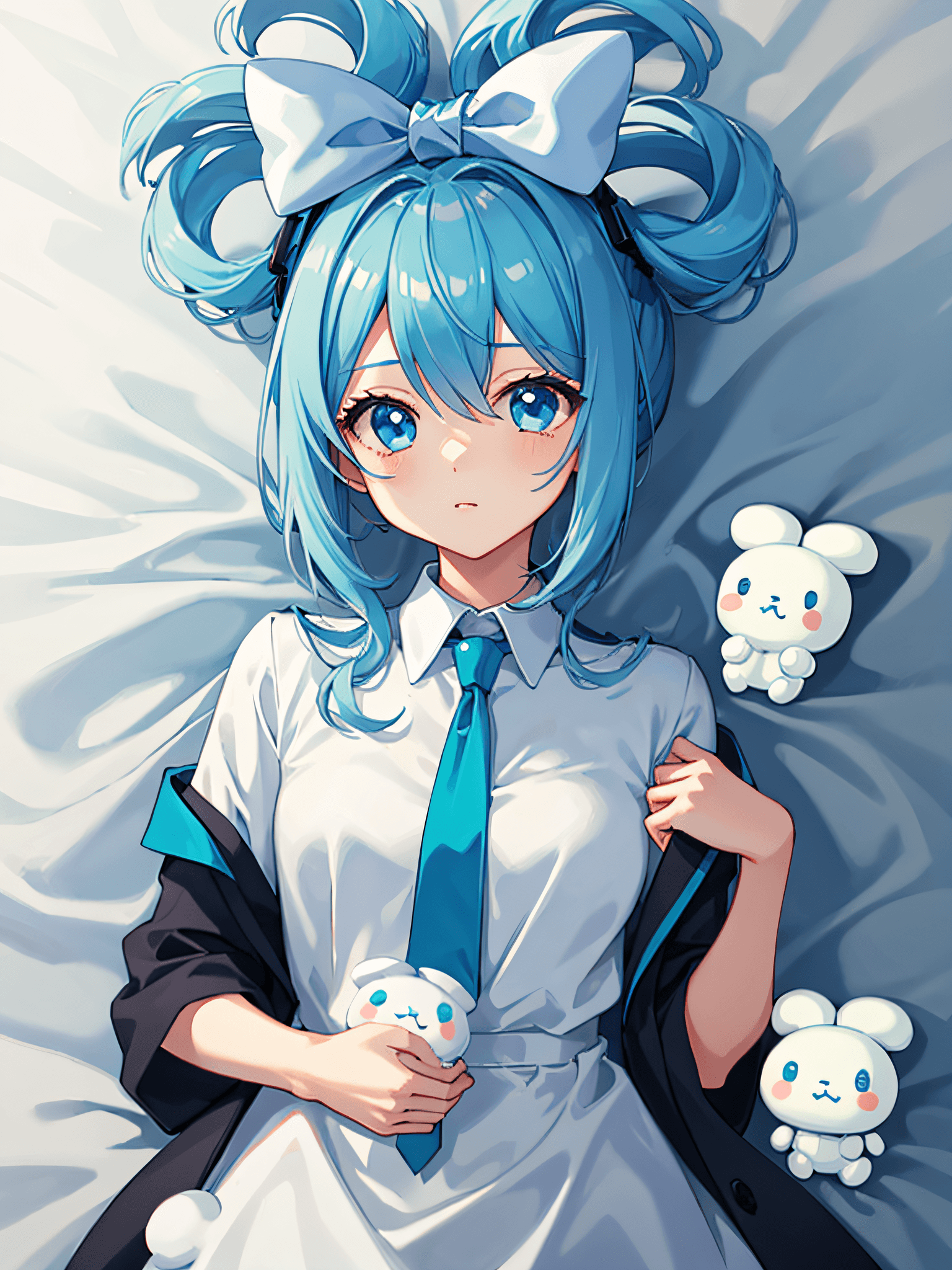 AI generated: 1girl, solo, Cinnamiku, blue hair, blue eyes, hair rings, hair bow, blue bow, (cinnamoroll, tied ear...