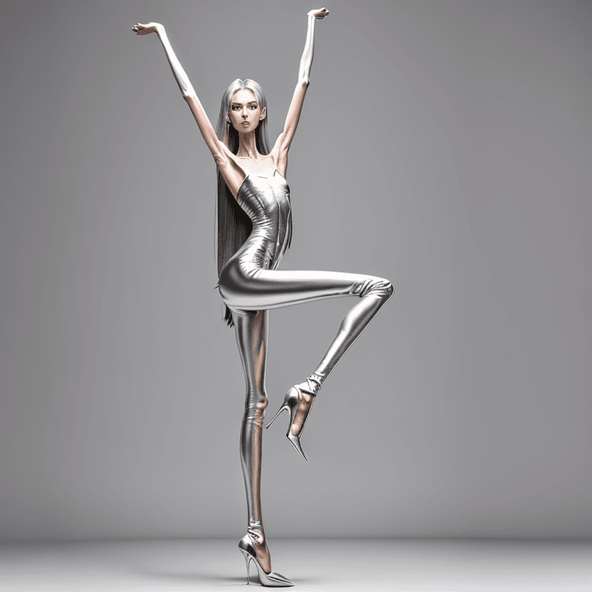 AI generated: photo of an extremely skinny, flat-chested model with extreme long and skinny legs with extreme long...