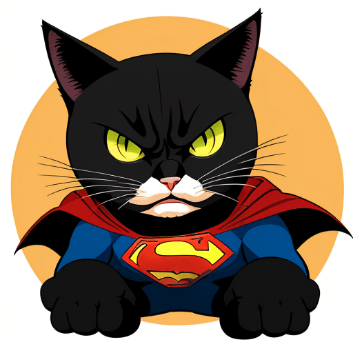 AI generated: vector illustration, superhero cat, angry, watching at camera, cartoon