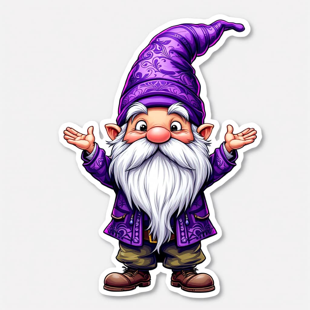 AI generated: A highly detailed full-body cartoon sticker of a whimsical gnome character. The gnome is wearing a v...
