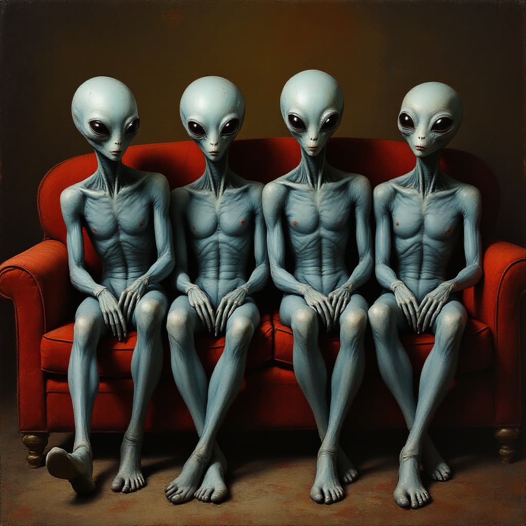 AI generated: **the painting shows four aliens sitting on a sofa, in the style of trompe-l'œil illusionistic detai...