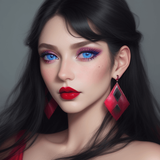 AI generated: 8k,solo,1girl,solo,black hair,makeup,earrings,mole under eye,blush,jewelry,long hair,lipstick,red li...