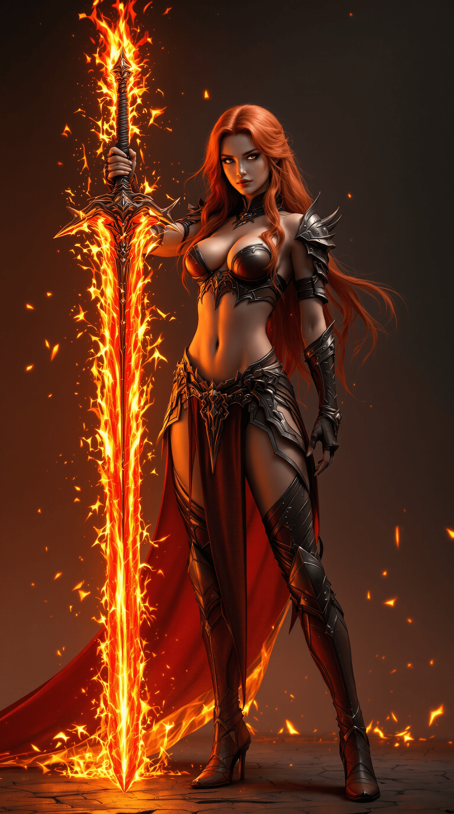 AI generated: A majestic full-body portrait of a breathtakingly beautiful girl with a glowing flaming greatsword, ...