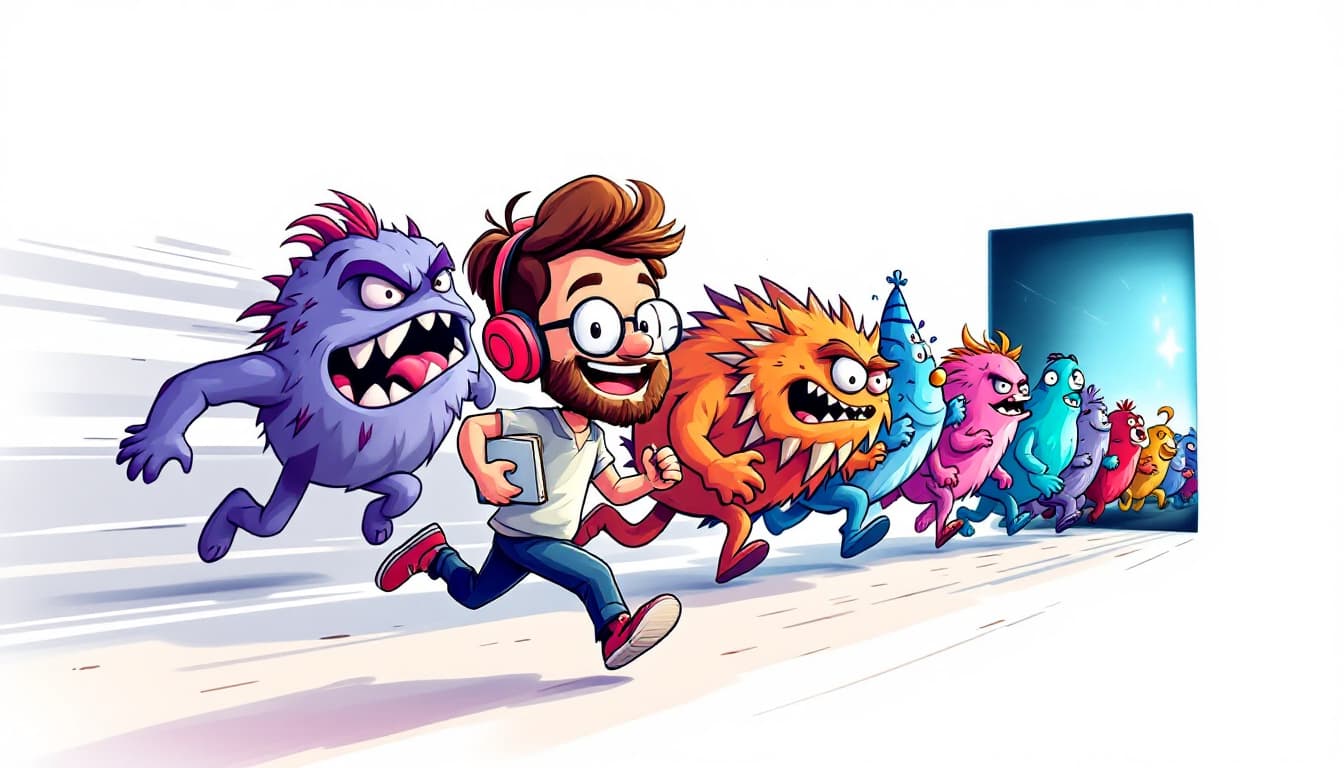 AI generated: "A cartoon-style boy running and looking back, with a humorous expression, laughing with a face of s...