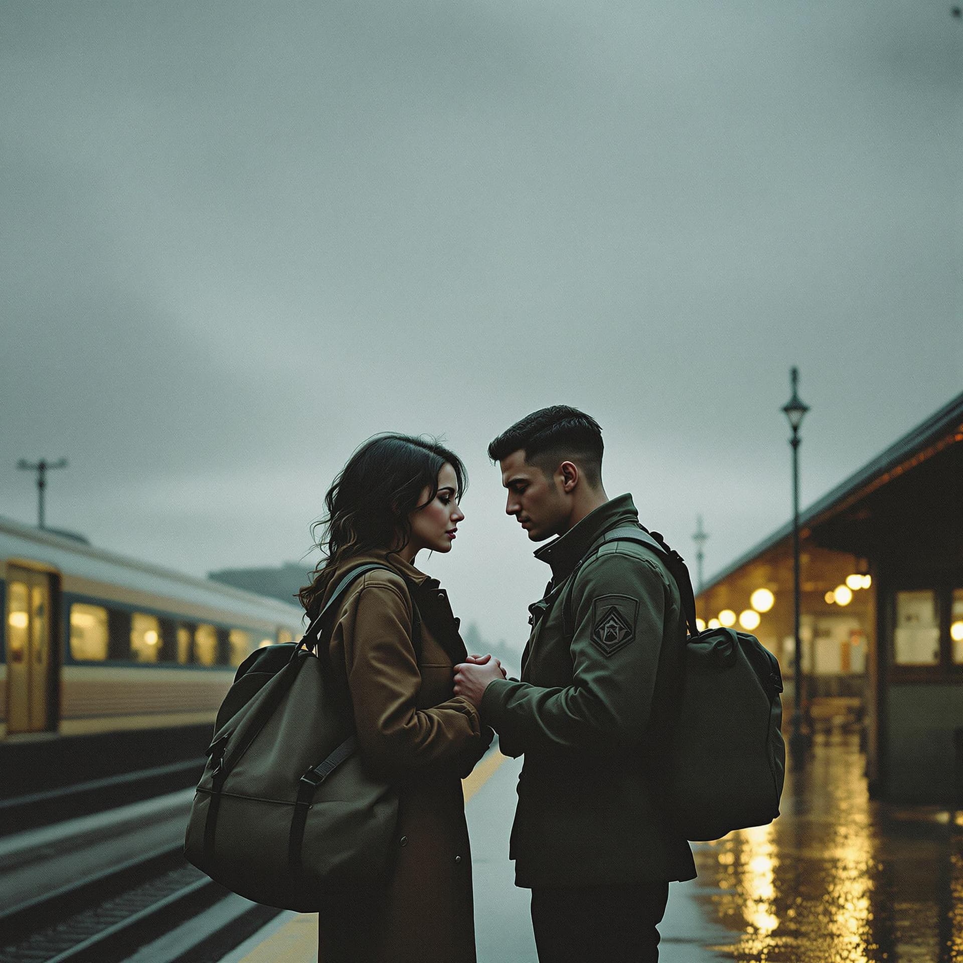 AI generated: a soulful album cover showing a young couple standing in the rain at a train station or military bus...