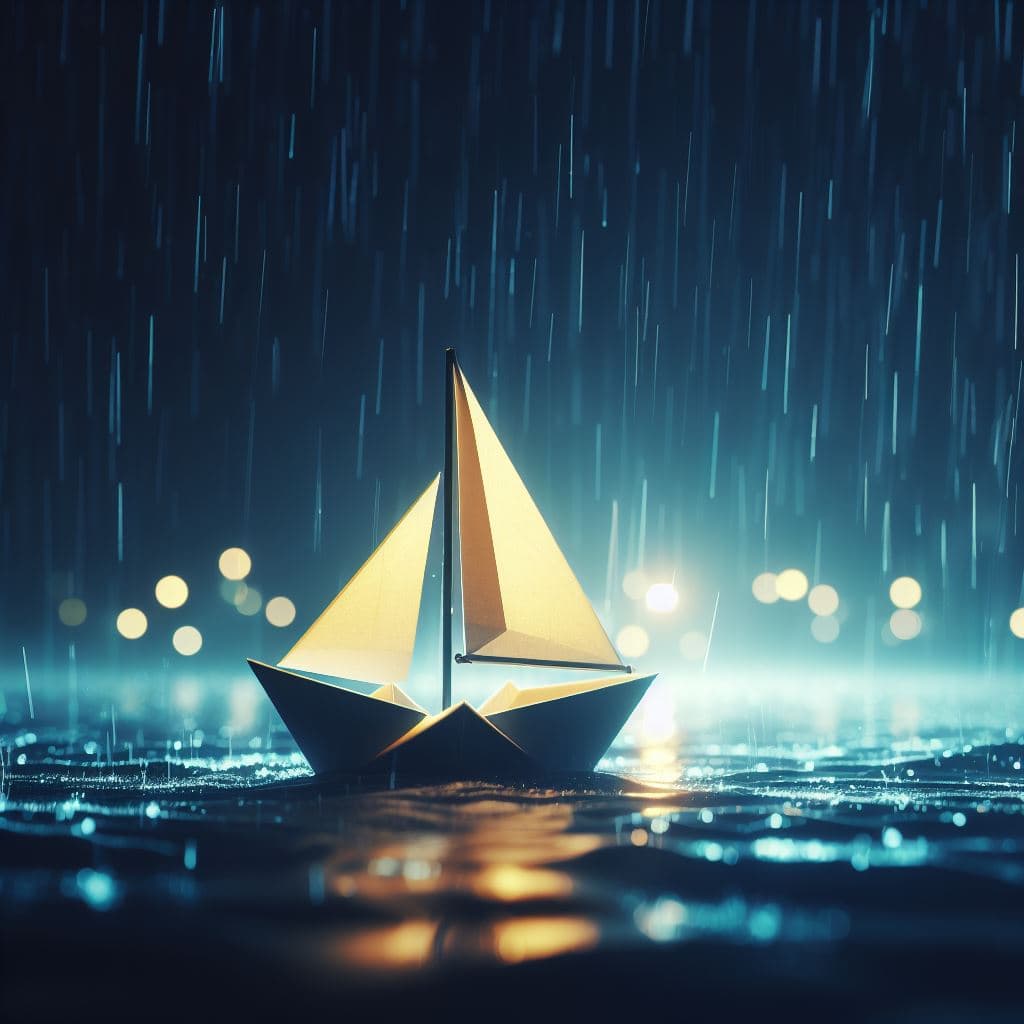 AI generated: A paper boat floating on a river at rainy night, volumetric lighting, 4k.
