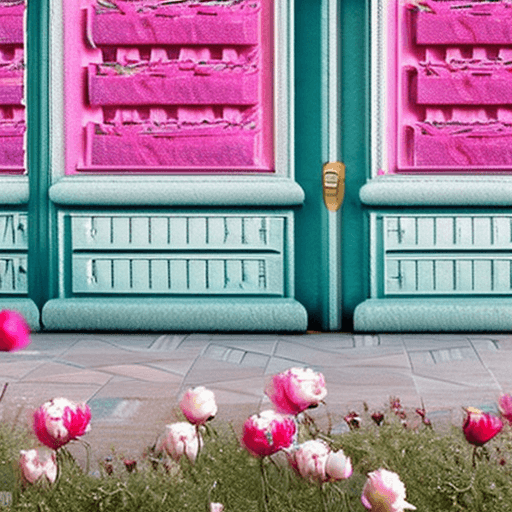 AI generated: --h 2160 --w 3840 a full size ornate pink door in a field of white and pink peonies and roses. Paste...