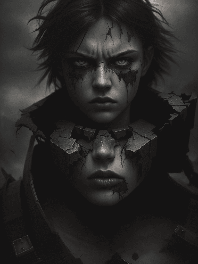 AI generated: broken but ready to fight, gloomy background, epic composition, brutal, cinematic, dramatic, digital...