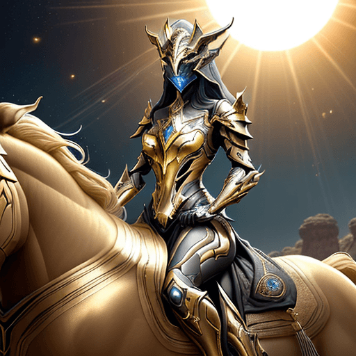AI generated: a close up of a person on a horse, of a beautiful saryn warframe, dressed in light armor, gold light...