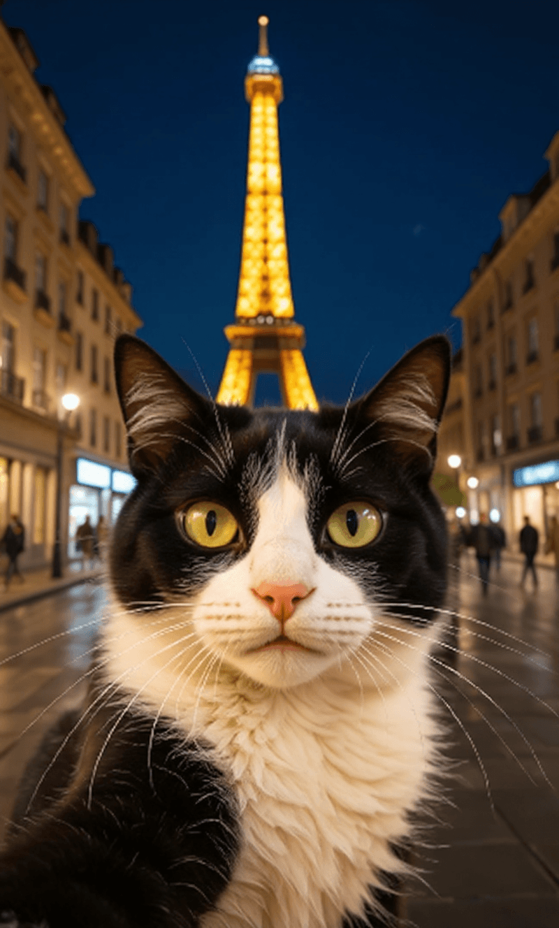 AI generated: This image captures a charming scene featuring a close-up selfie of a cat black with striking green ...