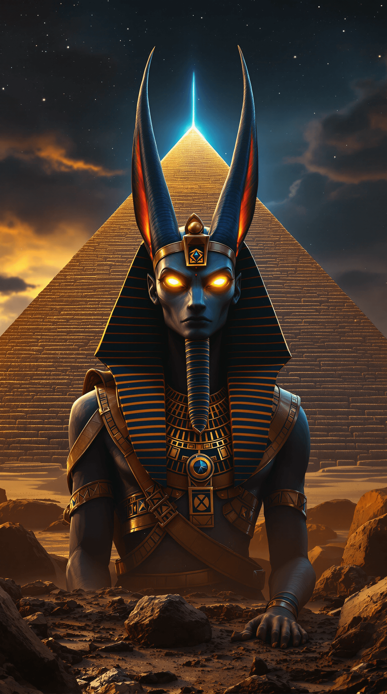 AI generated: anubis god egypt, background pyramid, glowing eyes 