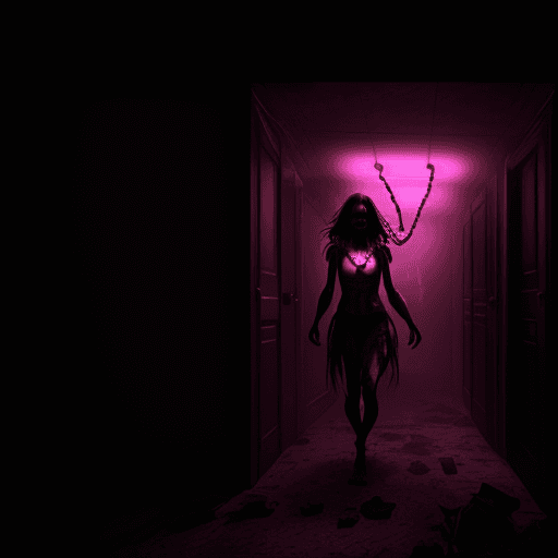 AI generated: A mutant hostile girl emerging from a dark room, pink necklace, painful, pessimistic atmosphere, vol...