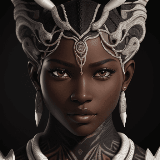 AI generated: intricate closeup shot, masterpiece artwork, black skin-tight body, tribal, suit, white accent, deta...