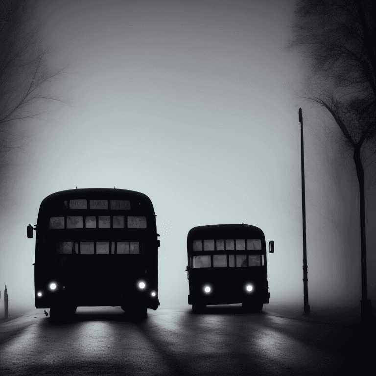 AI generated: photo of one large black bus with big tires in the street, spooky silhouette driving, bright lights,...