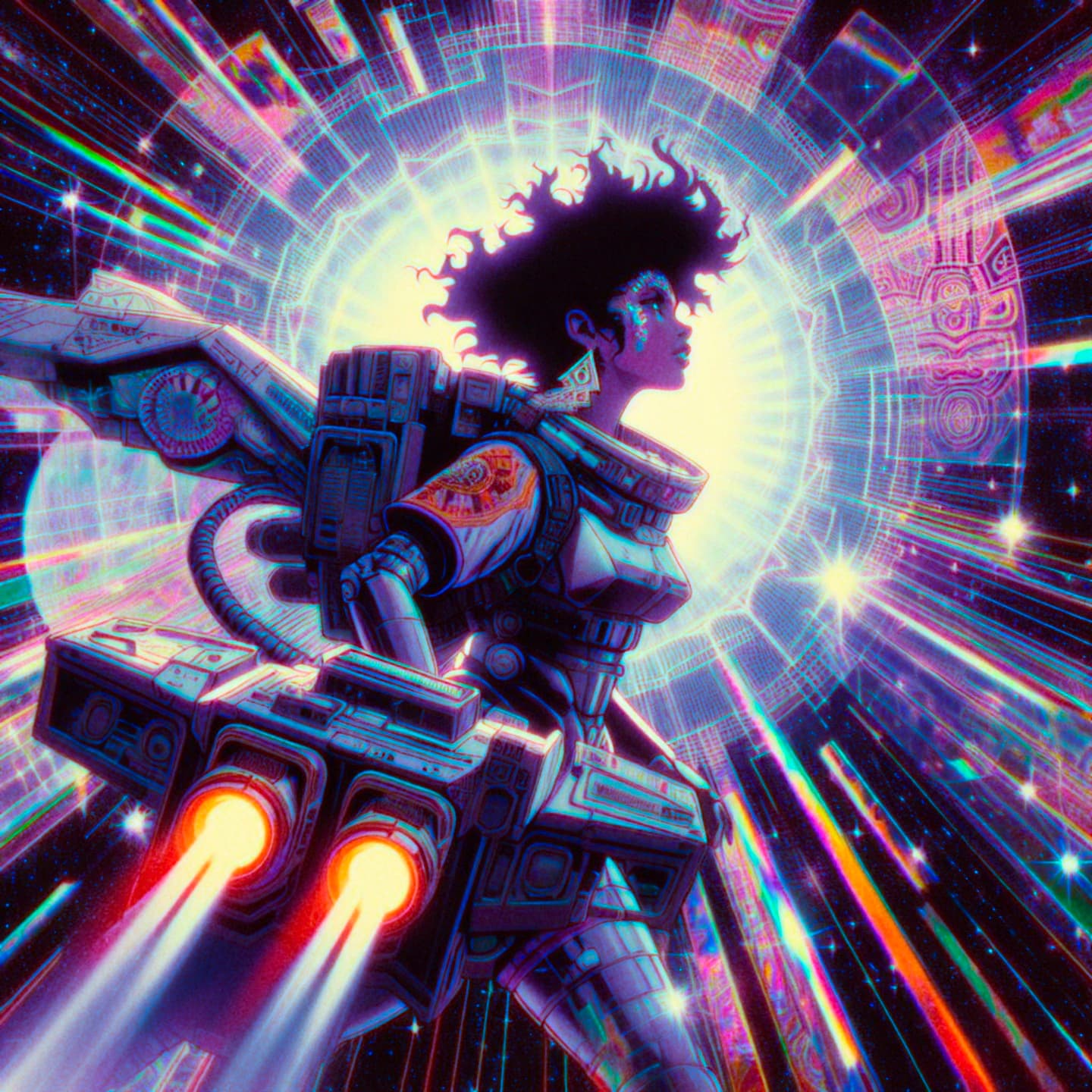 AI generated: Really old vhs reproduction with visible artifacts and damaged texture of a 80’s sci fi anime, A bra...