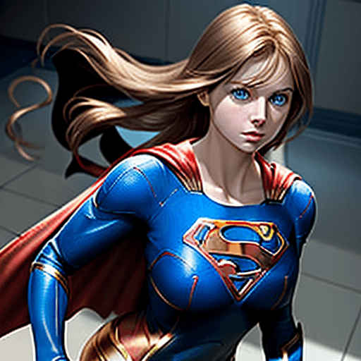 AI generated: Create a supergirl inspiration. She has brown hair, blue eyes. Her suit is white and gold and moulds...
