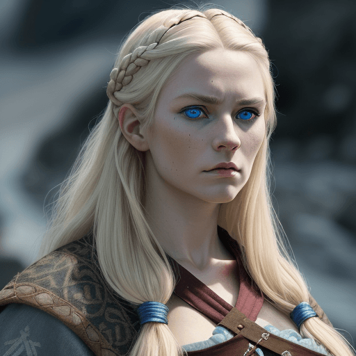 AI generated: a photograph of a viking woman, looking cautious, wearing traditional clothing, Her hair is blond, H...