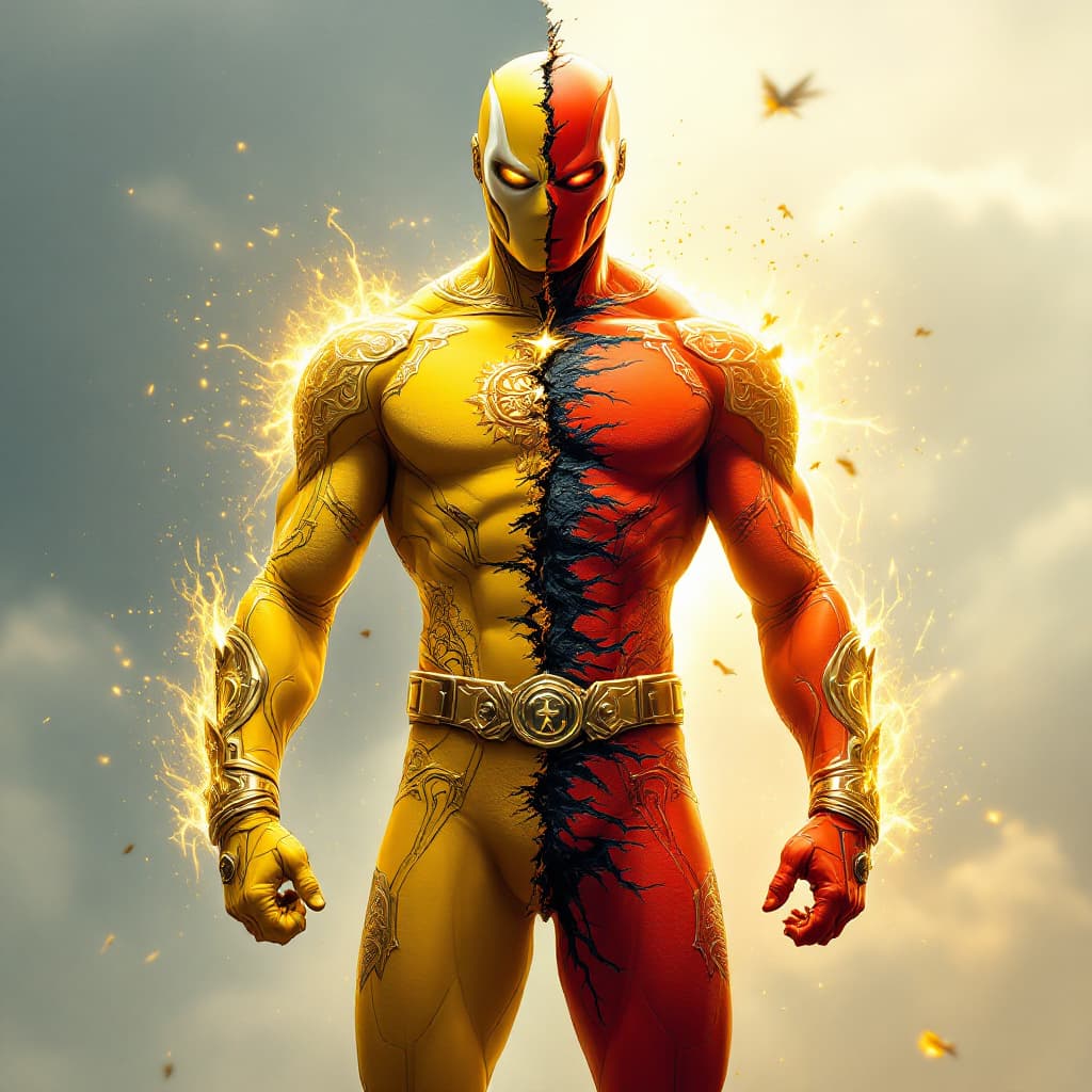AI generated: A heroic figure stands tall, with a dramatic duality that splits their entire being in two. On one s...
