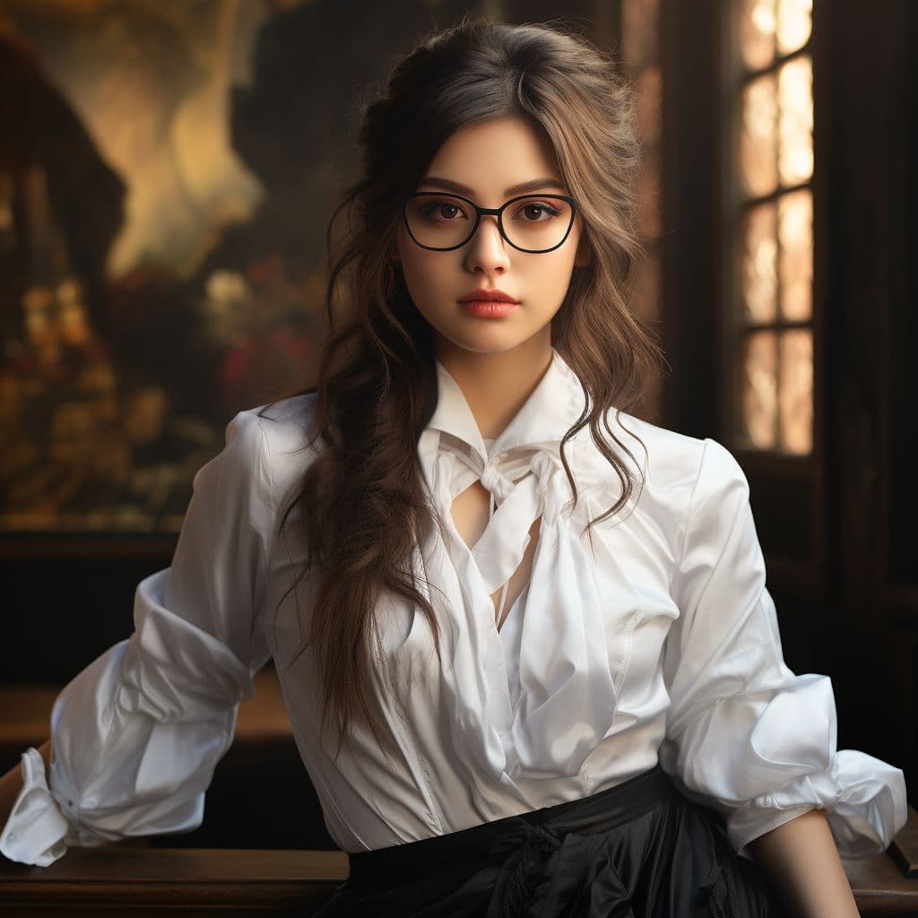 AI generated: Chinese beauty with white shirt, pleated skirt, and glasses