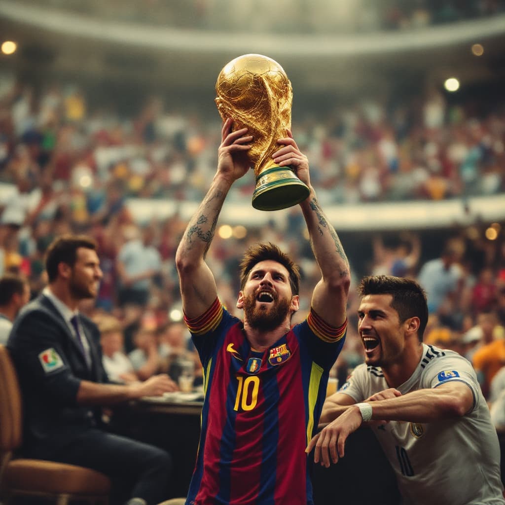 AI generated: Messi raises the World Cup and Cristiano Ronaldo behind him sitting crying 