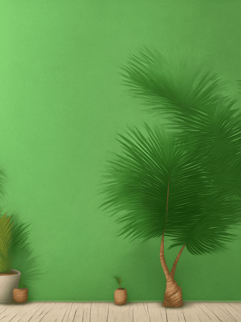 AI generated: a realistic single palm in front of the artwork (in the middle) on a smooth green lofi background, h...