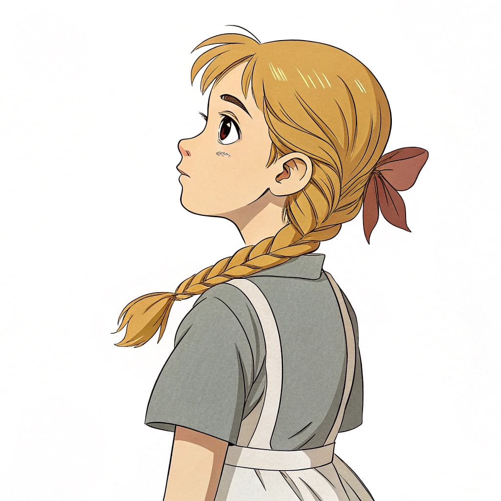 AI generated: retro ghibli style,a young girl with golden hair tide back into a simple braid, wearing a humble dre...