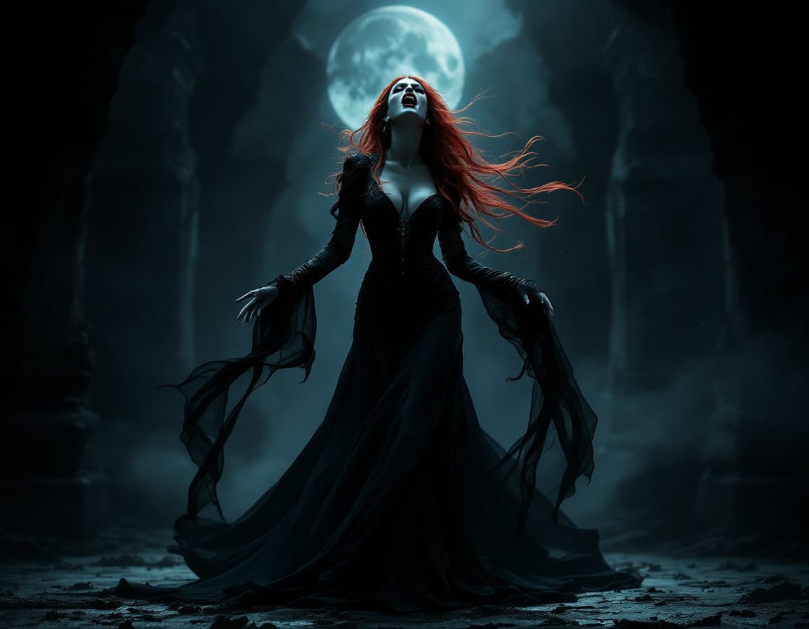 AI generated: female vampire, full body pose, long incisors bared, mouth open revealing fangs, dramatic black vict...