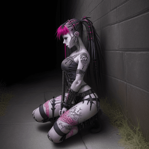 AI generated: a girl kneels down behind a wall holding a sword, in the style of cybergoth, red threads, midwest go...