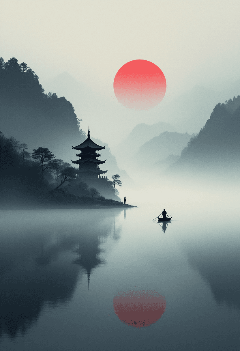 AI generated: Minimalist East Asian landscape, mist-shrouded lake, dark silhouette of a pagoda, single fishing boa...