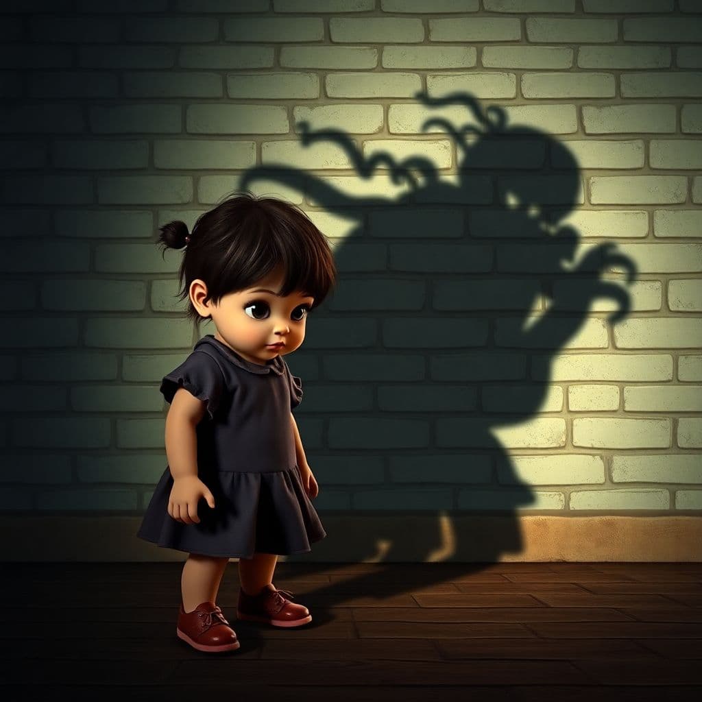 AI generated: a cute toddler girl and a shadow of an evil big monster on the ground and on the wall of bricks, foc...