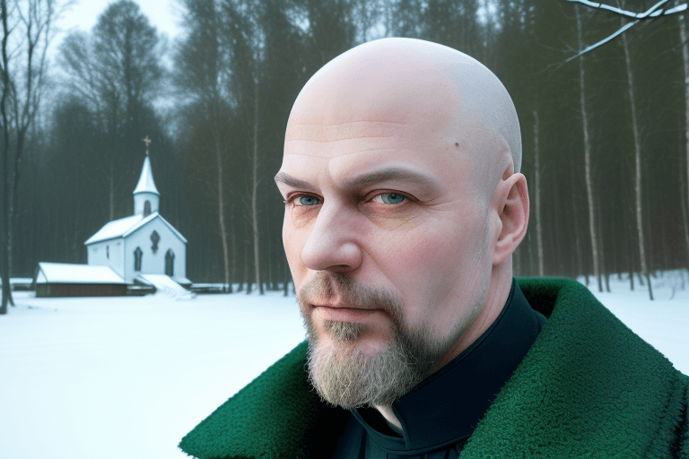 AI generated: ((best quality)), ((masterpiece)), ((realistic)), (detailed), 48yo, russian boyar, bald head, green ...