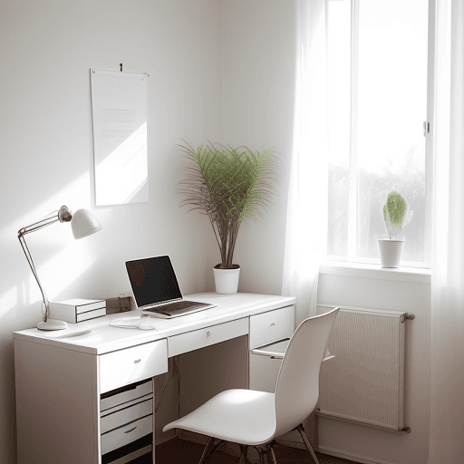 AI generated: photograph, home office, minimal, soft sunlight, warm artificial light casting, creating a warm whit...