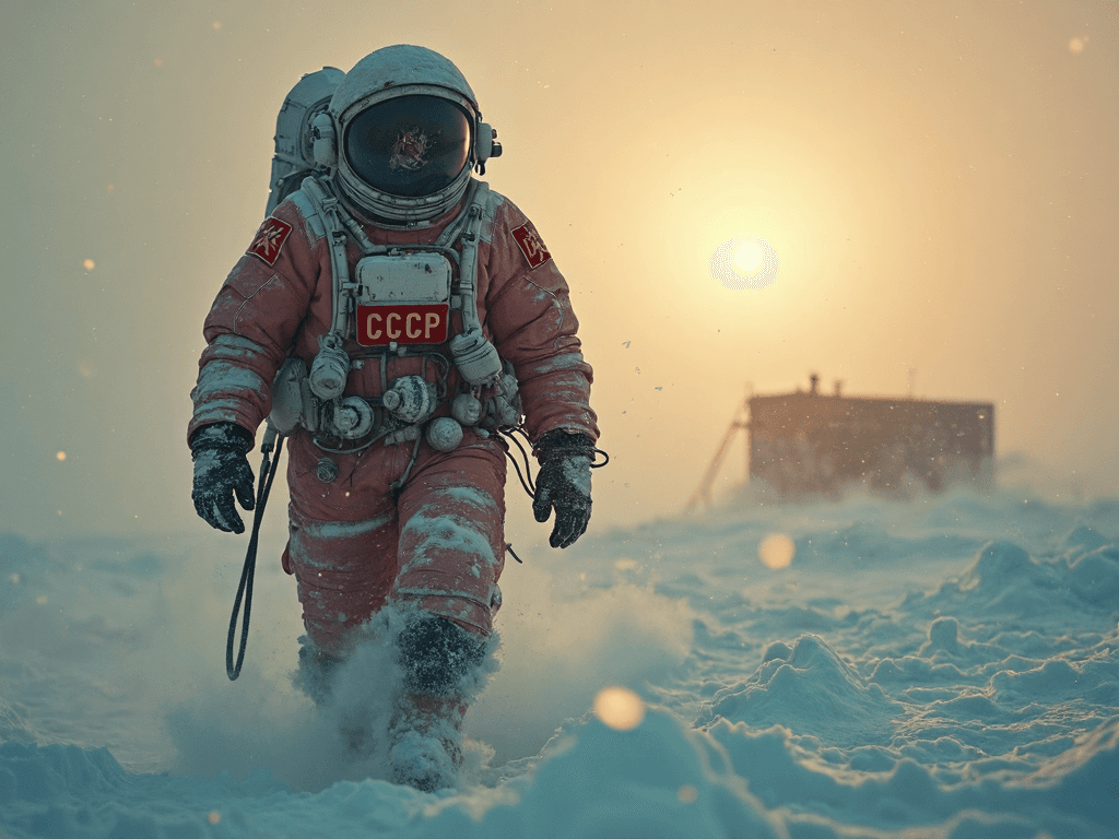 AI generated: (A hyper-realistic, cinematic photograph in the style of 1970s Soviet sci-fi:1.3), depicting a lone ...