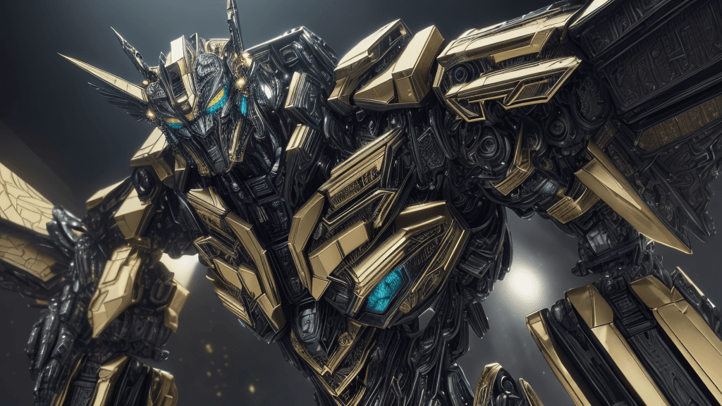 AI generated: Transformers, intricate details, metallic texture, black and gold mecha, dynamic posture, azure eyeb...