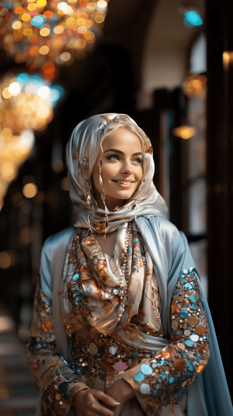 AI generated: commercial photoportrait hijabi insragram model, covered in diamonds, bright colors, sun-soaked colo...