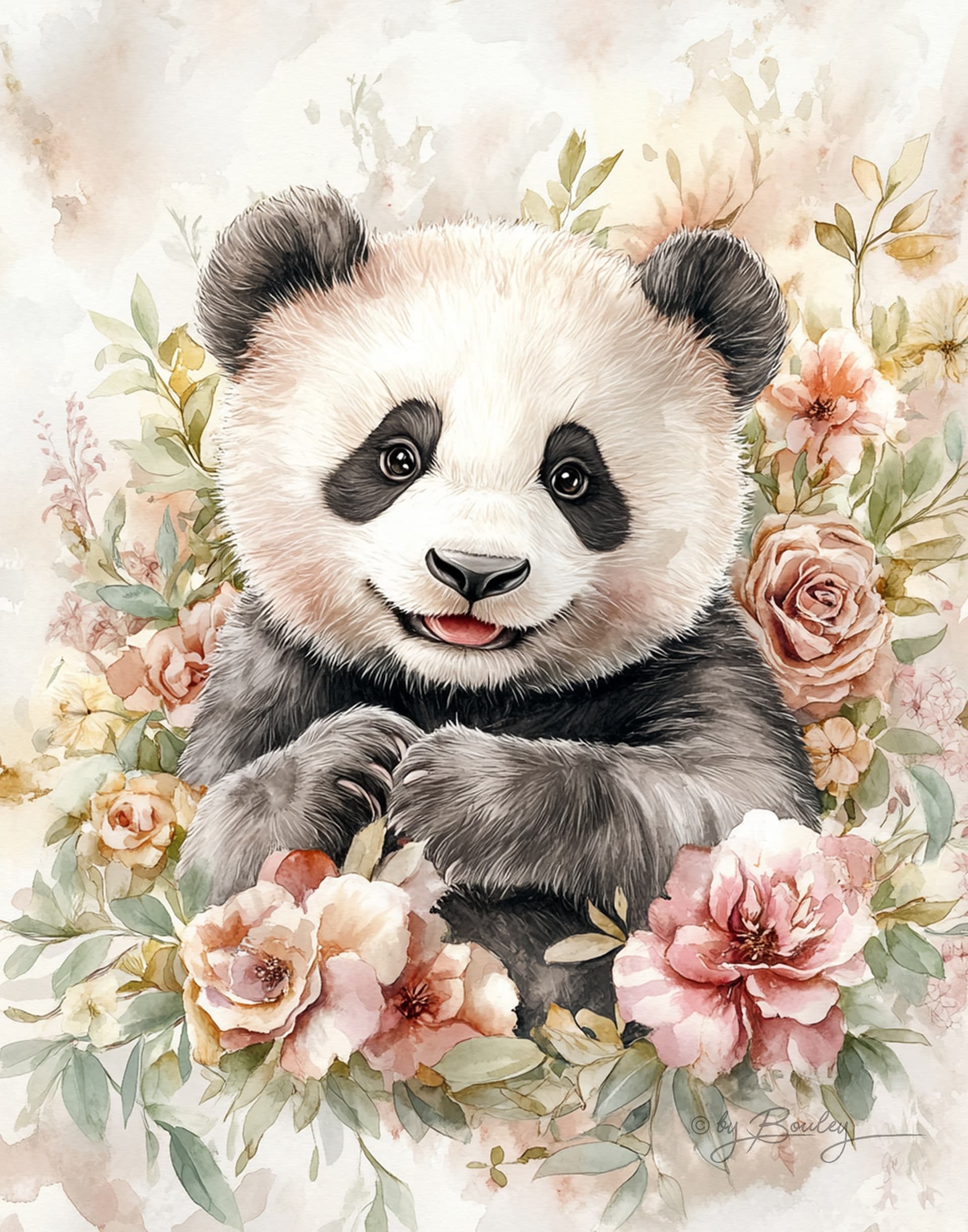 AI generated: Beautiful watercolor and pastel-colored illustration featuring fashion grey and GOLD Panda with happ...