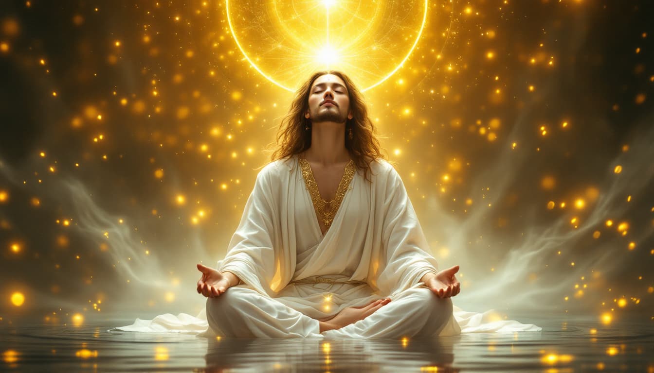 AI generated: jesusin zen meditation levitating
  ,dressed in white and goldensurrounded by divine light in a medi...