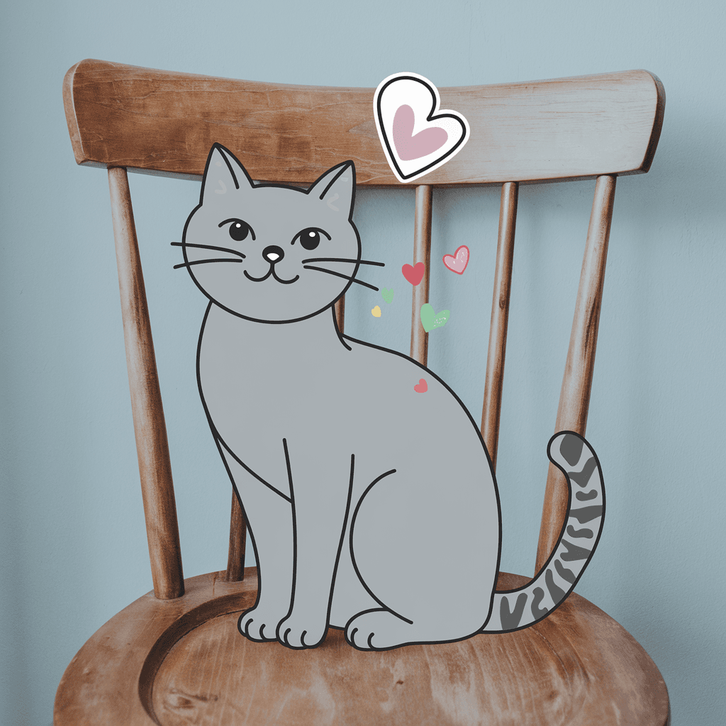 AI generated: grey cat and heartfelt sticker, in the style of simple line drawings, animated gifs and small and co...