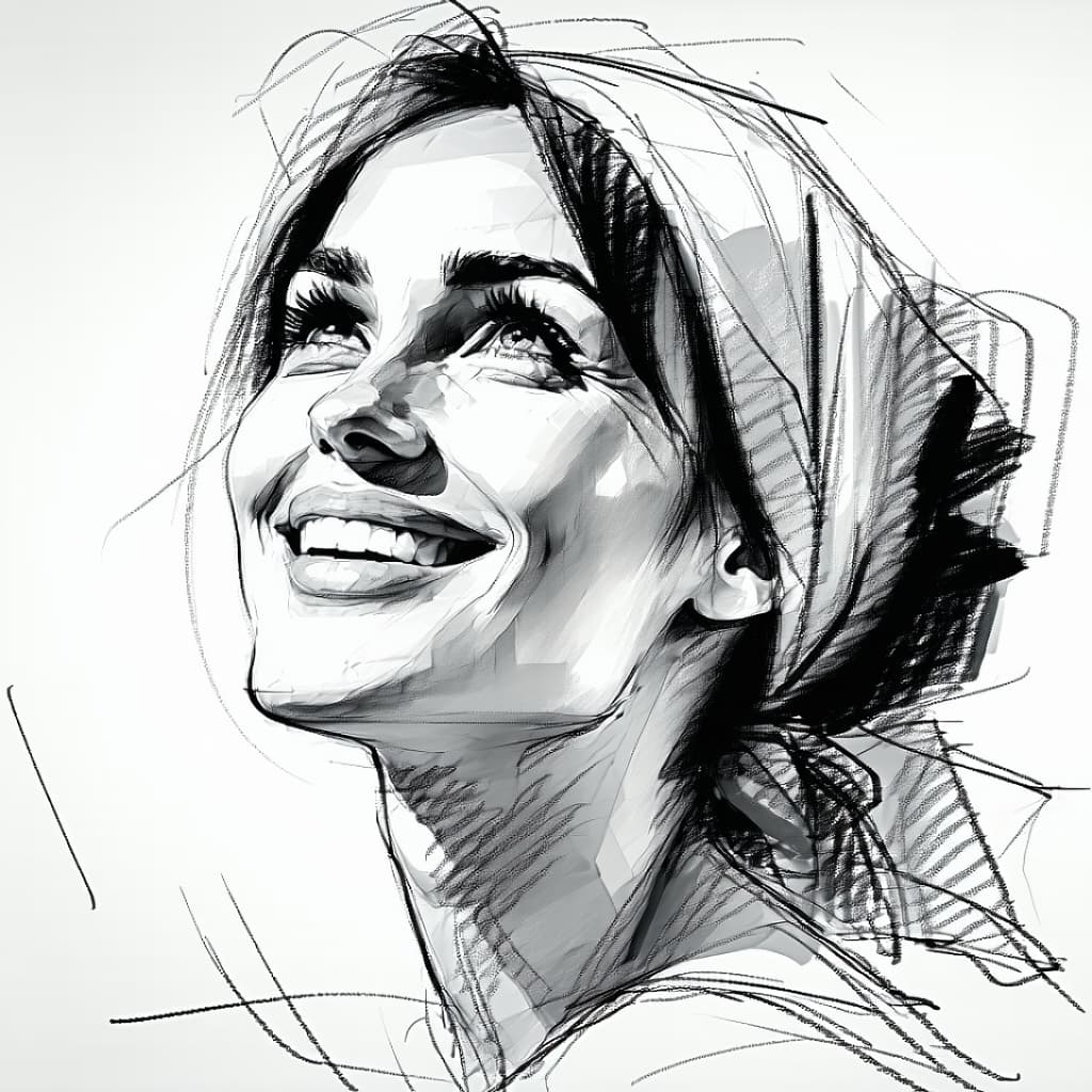 AI generated: Attractive caucasian woman, 30s, charcoal sketch, expressive, looking slightly up, wearing a little ...