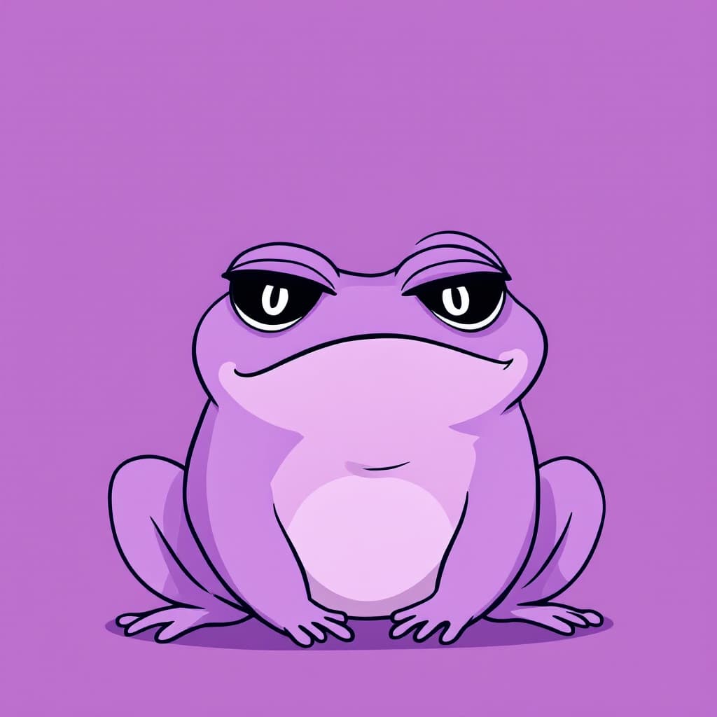 AI generated: A purple-themed Pepe-style frog character with a bored yet smug expression, glowing eyes, and a mini...