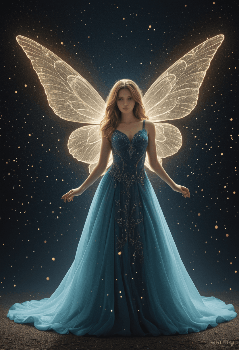 AI generated: Full body, Small highly detailed incorporeal fairy made of silvery light, Bokeh pollen specs multico...