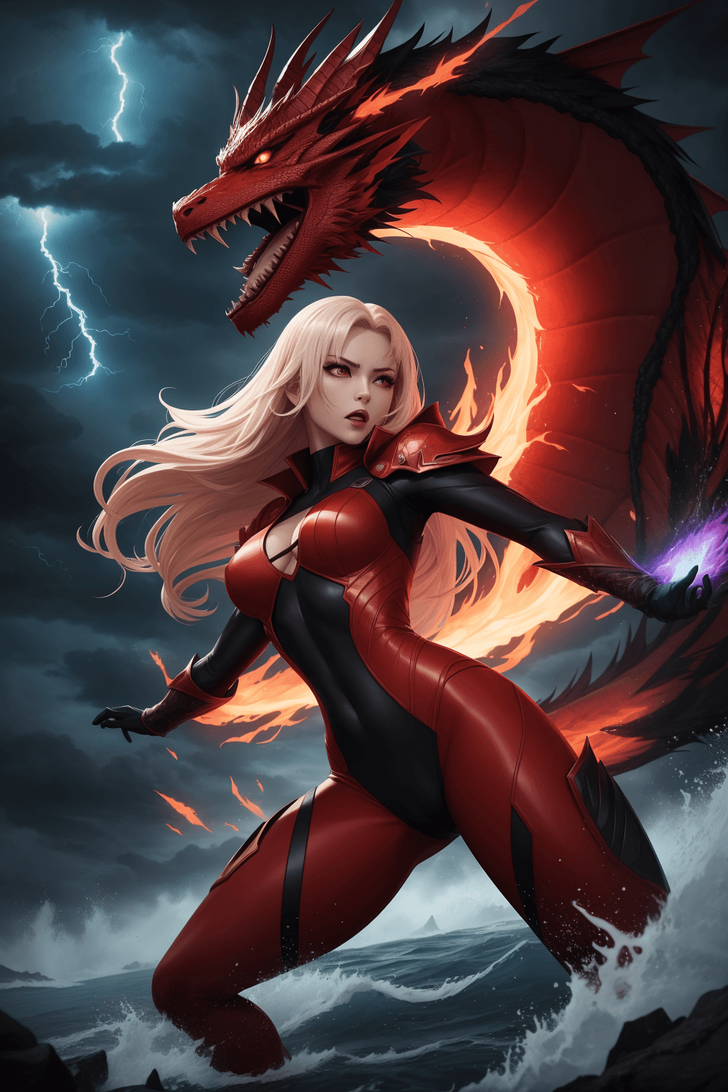 AI generated: A strikingly fierce female anime character adorns herself in garments inspired by the ferocity of a ...