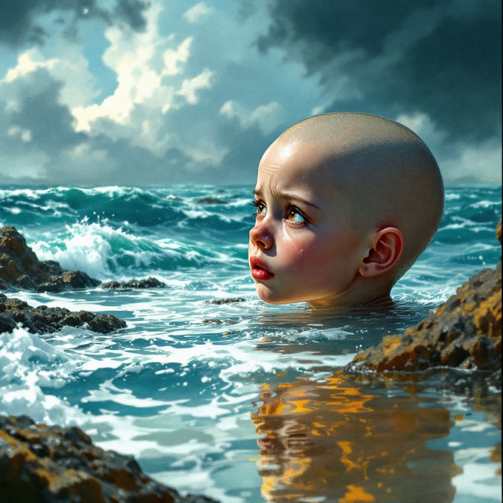 AI generated: A bald young girl with brown teary eyes, gazing at the stormy sea