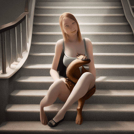AI generated: A very pretty gril sitting on a set of stairs with a baby dragon beside her, hyperrealism, photoreal...
