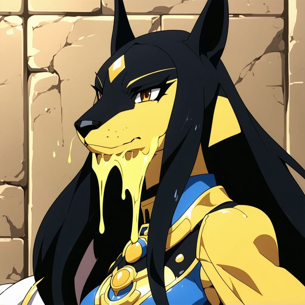 AI generated: Futanari, Anime, Anubis, Female, Huge cock, leaking cum 