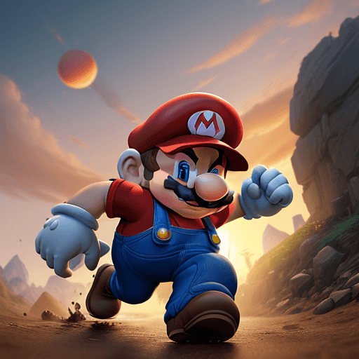 AI generated: Photo of ultra realistic Mario from Super Mario Bros, stomping a goomba, pale sunrise, cinematic lig...